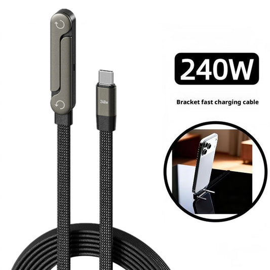 240W USB-C to USB-C Fast Charging Cable with Foldable Phone Stand, Right-Angle Type-C PD Cable, Flat Durable Cable for iPhone 16/15, Samsung Galaxy S24/S23, iPad, Laptop – Black